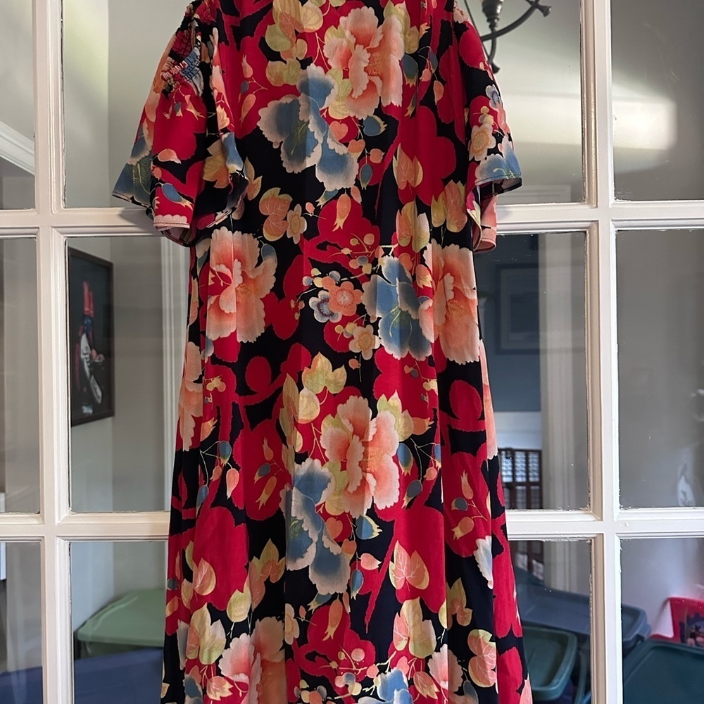 LOFT Red and Orange Midi Sundress with Flutter Sleeves